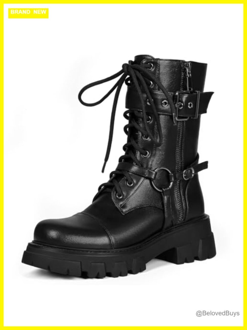 Women Harness Motorcycle Biker Boots Steampunk Combat Chunky Mid Calf Goth Lug